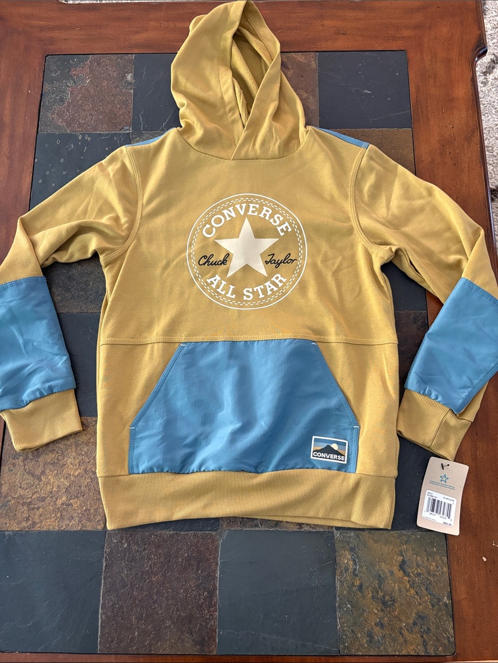 New! Converse size L 12-13 Mustard & Light Blue All Star Hooded Pullover. NWT